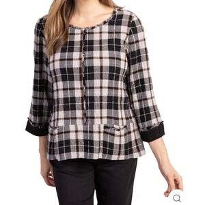 Habitat Clothes to Live In Black White Plaid Raw Edge 3/4 Sleeve Top Large 75810